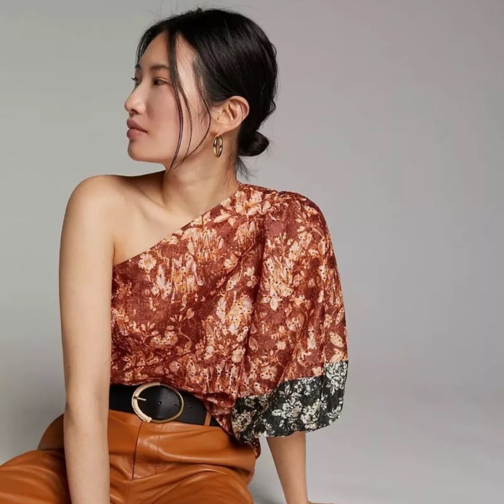 NEW ANTHROPOLOGIE Brown One Shoulder One Sleeve Top XS NWT